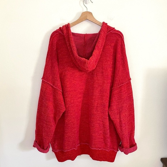 Free People In Bloom Oversized Textured Sweater Knit Zip Up Hoodie Red Hot Large - Picture 7 of 16